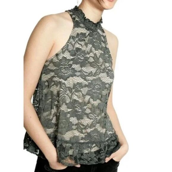 EXPRESS Boho Olive Green Rose Lace High-neck Racerback Peplum Bottom Blouse M - Picture 2 of 9